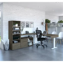 Pemberly Row 72" L-Shaped Standing Desk With Bookcase In Walnut Gray -CYMAX Sales 2426275 2 L