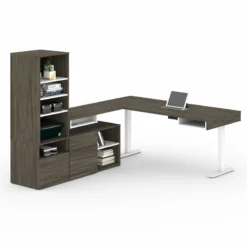 Pemberly Row 72" L-Shaped Standing Desk With Bookcase In Walnut Gray