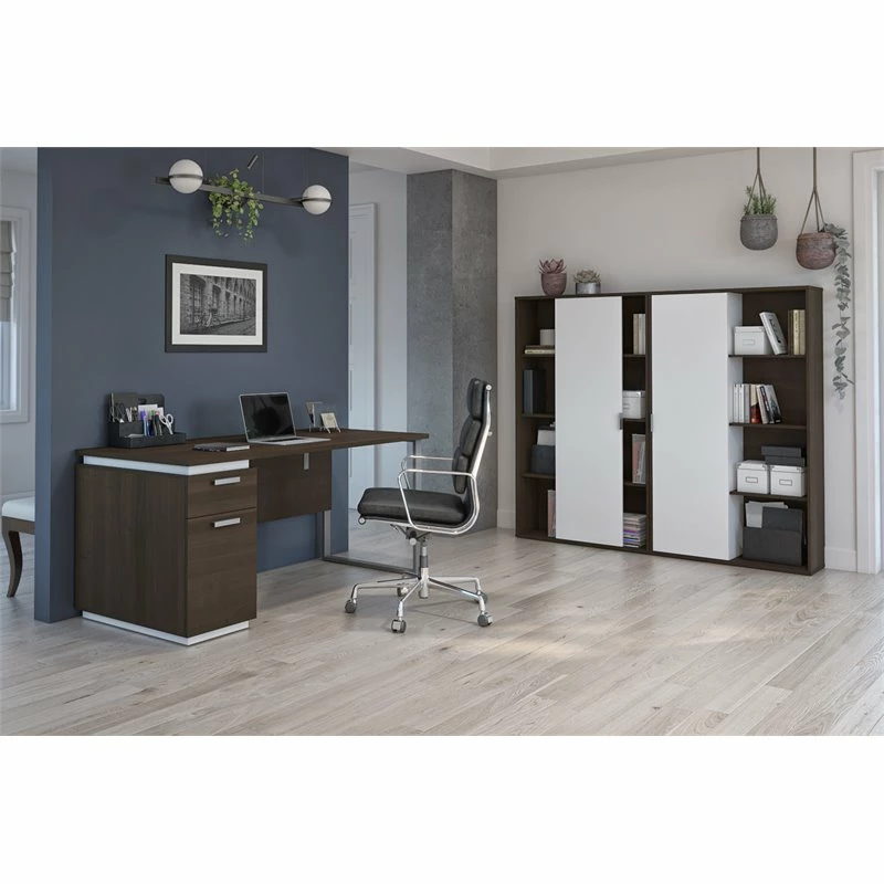 Pemberly Row 3 Piece Wooden Single Pedestal Office Set In Antigua And White 4 Pemberly Row 3 Piece Wooden Single Pedestal Office Set In Antigua And White - Image 2