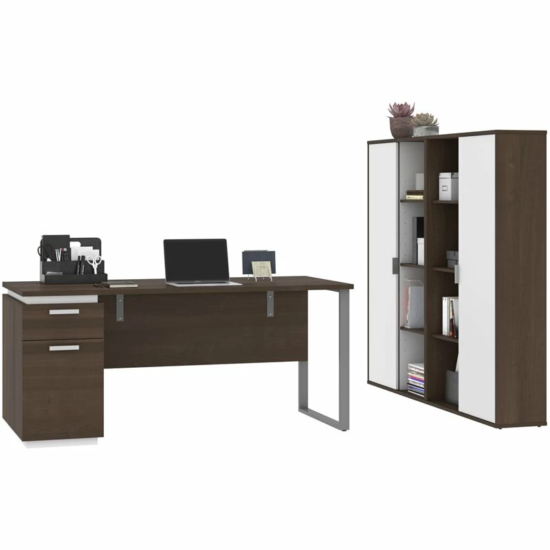 Pemberly Row 3 Piece Wooden Single Pedestal Office Set In Antigua And White 5 Pemberly Row 3 Piece Wooden Single Pedestal Office Set In Antigua And White - Image 3