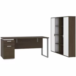 Pemberly Row 3 Piece Wooden Single Pedestal Office Set In Antigua And White