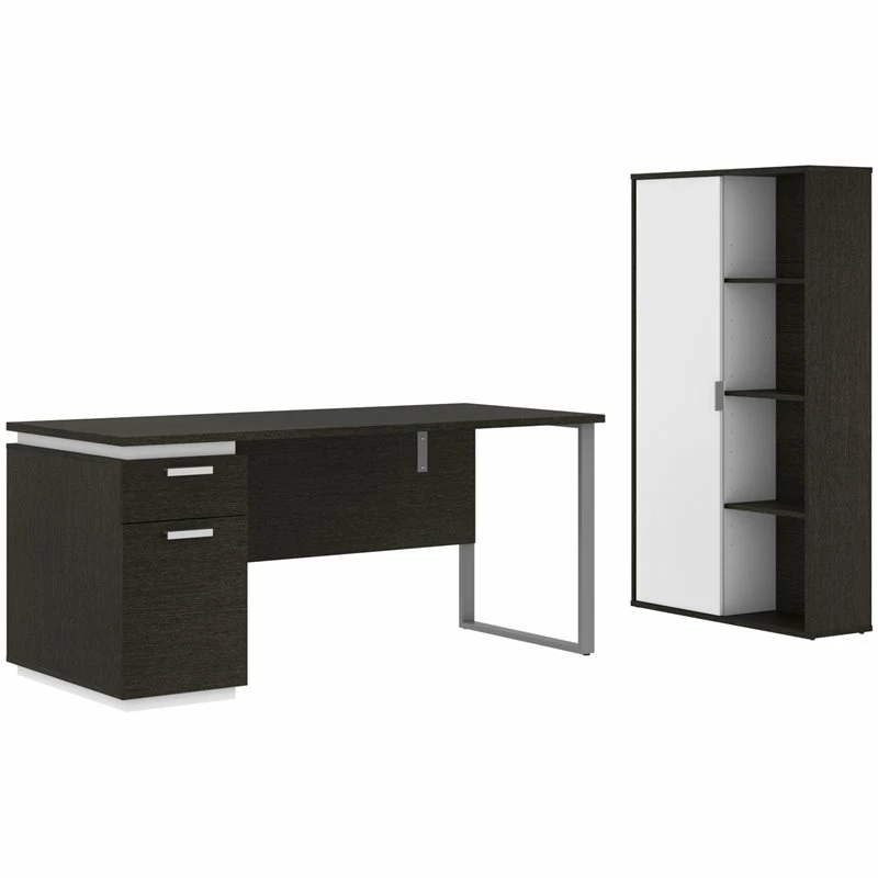 Pemberly Row 2 Piece Wooden Single Pedestal Office Set In Deep Gray And White 3 Pemberly Row 2 Piece Wooden Single Pedestal Office Set In Deep Gray And White