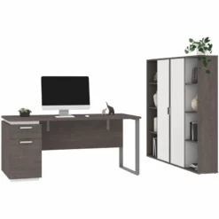 Pemberly Row 3 Piece Wooden Single Pedestal Office Set In Bark Gray And White 9 Pemberly Row 3 Piece Wooden Single Pedestal Office Set In Bark Gray And White -CYMAX Sales 2426314 2 L