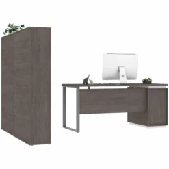 Pemberly Row 3 Piece Wooden Single Pedestal Office Set In Bark Gray And White 10 Pemberly Row 3 Piece Wooden Single Pedestal Office Set In Bark Gray And White -CYMAX Sales 2426314 3 L