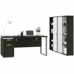 Pemberly Row 3 Piece Wooden Single Pedestal Office Set In Deep Gray And White -CYMAX Sales 2426315 2 L