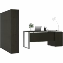 Pemberly Row 3 Piece Wooden Single Pedestal Office Set In Deep Gray And White -CYMAX Sales 2426315 3 L
