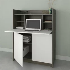 Pemberly Row Contemporary Secretary Desk Bark In Grey & White -CYMAX Sales 2426857 2 L