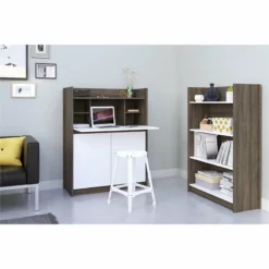 Pemberly Row Contemporary Secretary Desk Bark In Grey & White -CYMAX Sales 2426857 3 L