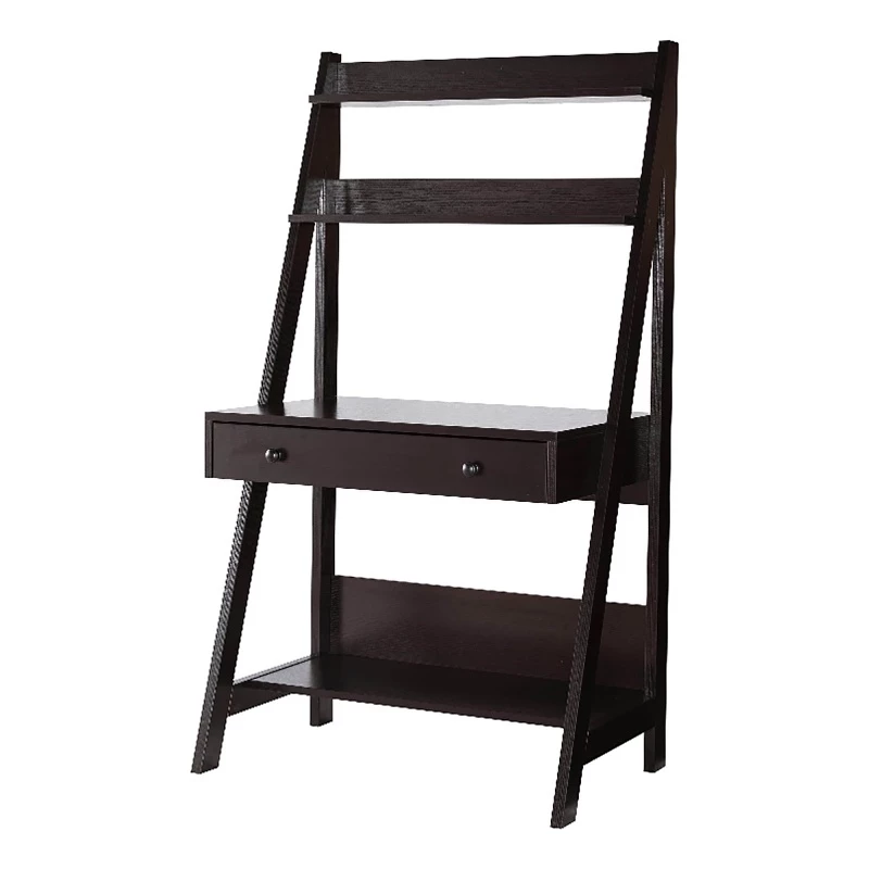 Maklaine 33.5" Contemporary 3 Open Shelves Wood Ladder Home Office Desk In Brown 3 Maklaine 33.5" Contemporary 3 Open Shelves Wood Ladder Home Office Desk In Brown