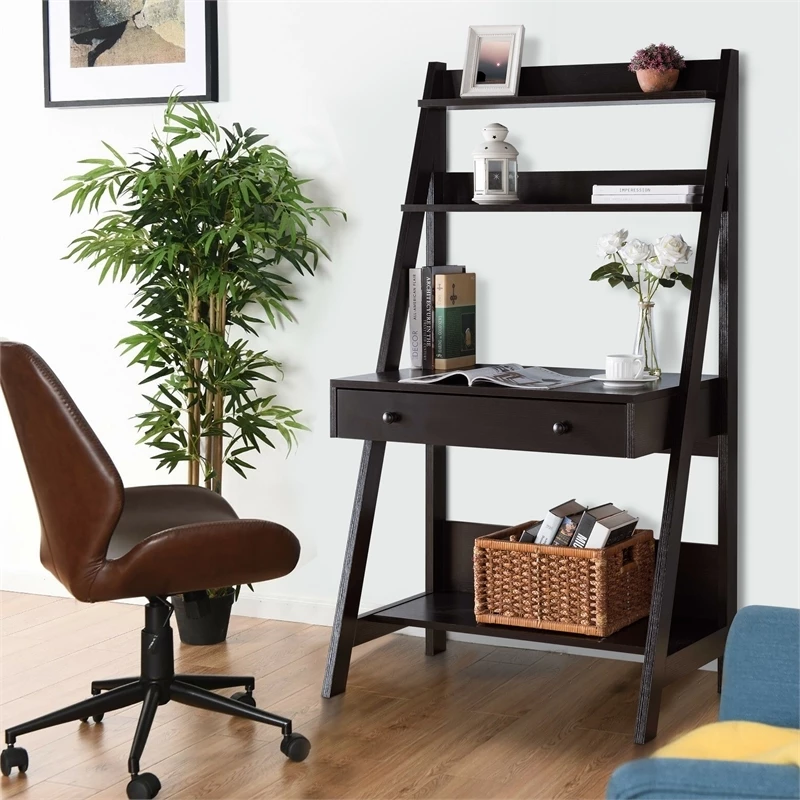 Maklaine 33.5" Contemporary 3 Open Shelves Wood Ladder Home Office Desk In Brown 4 Maklaine 33.5" Contemporary 3 Open Shelves Wood Ladder Home Office Desk In Brown - Image 2