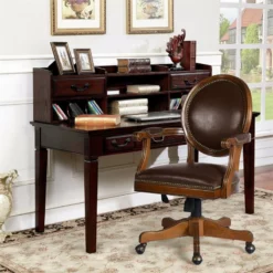 FurnitureR Hetty Faux Leather Upholstered & Rubber Wood Office Chair In Brown -CYMAX Sales 2440250 6 L