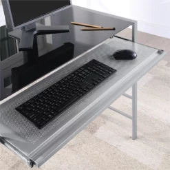 Zephyr Computer Desk With Black Tempered Glass Top And Silver Frame -CYMAX Sales 2474425 3 L
