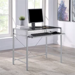 Zephyr Computer Desk With Black Tempered Glass Top And Silver Frame -CYMAX Sales 2474425 4 L