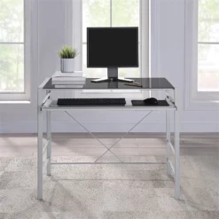 Zephyr Computer Desk With Black Tempered Glass Top And Silver Frame -CYMAX Sales 2474425 5 L