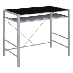 Zephyr Computer Desk With Black Tempered Glass Top And Silver Frame