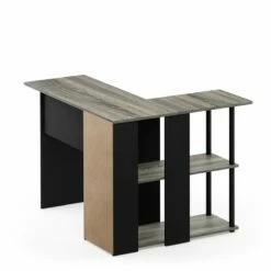 Furinno Abbott Wood L-Shape Desk With Bookshelf In French Oak Gray/Black -CYMAX Sales 2477666 2 L