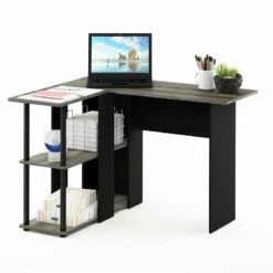 Furinno Abbott Wood L-Shape Desk With Bookshelf In French Oak Gray/Black -CYMAX Sales 2477666 3 L