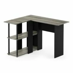Furinno Abbott Wood L-Shape Desk With Bookshelf In French Oak Gray/Black