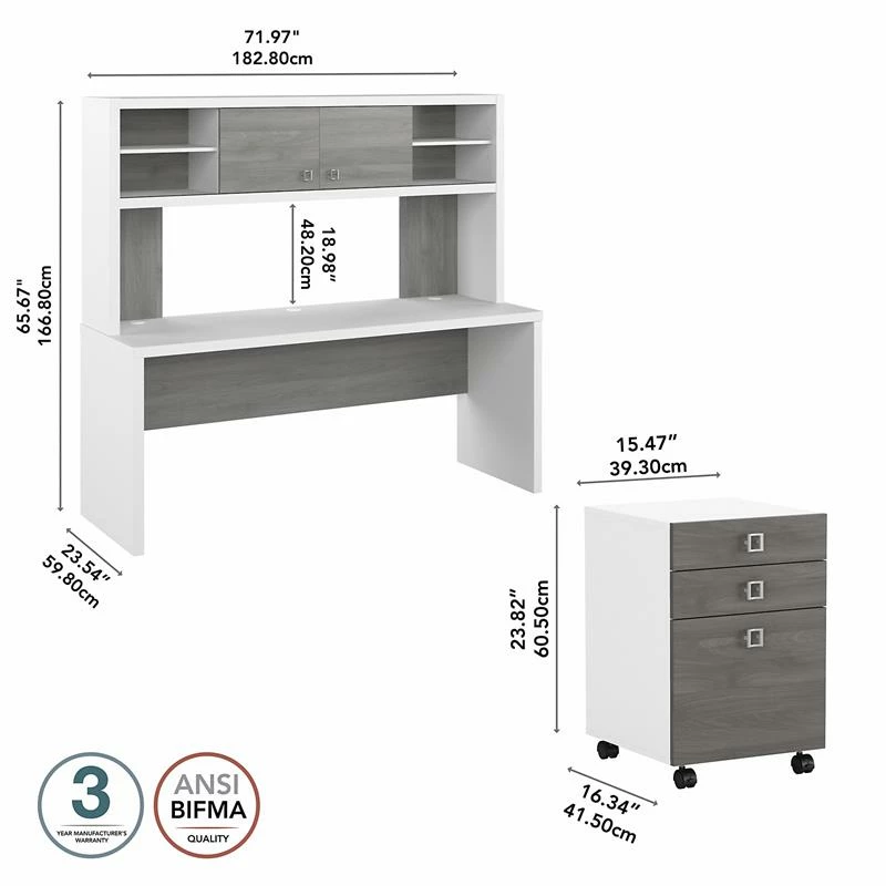 Echo 72W Computer Desk With Hutch & Drawers In White And Gray - Engineered Wood 7 Echo 72W Computer Desk With Hutch & Drawers In White And Gray - Engineered Wood - Image 5