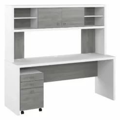 Echo 72W Computer Desk With Hutch & Drawers In White And Gray - Engineered Wood