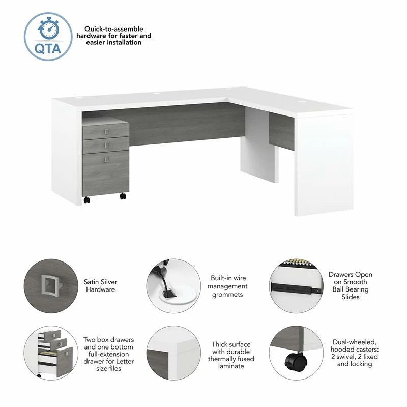 Echo 72W L Shaped Computer Desk With Drawers In White And Gray - Engineered Wood 5 Echo 72W L Shaped Computer Desk With Drawers In White And Gray - Engineered Wood - Image 3