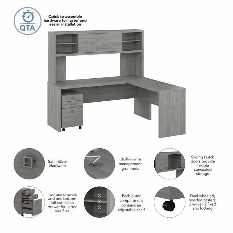 Echo 72W L Shaped Desk With Hutch & Drawers In Charcoal Maple - Engineered Wood 17 Echo 72W L Shaped Desk With Hutch & Drawers In Charcoal Maple - Engineered Wood - Image 15