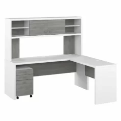 Echo 72W L Shaped Desk With Hutch & Drawers In Charcoal Maple - Engineered Wood
