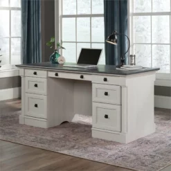 Sauder Palladia Engineered Wood Executive Desk In Glacier Oak/Rosso Slate Accent -CYMAX Sales 2518660 1 L