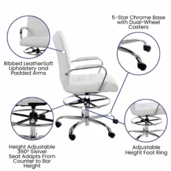 Flash Furniture Mid-Back Adjustable Foot Ring Metal Drafting Chair In White -CYMAX Sales 2521573 6 L