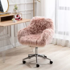 CRO Decor 33.6'' Pink Faux Fur Home Office Side Chair For Girls Makeup Vanity -CYMAX Sales 2545330 L