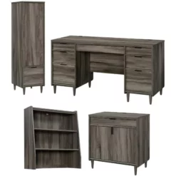 Home Square 4-Piece Set With Desk Base Storage Cabinet Hutch & Cabinet With File