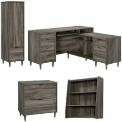 Home Square 4-Piece Set With Desk Lateral File Cabinet Hutch & Narrow Cabinet