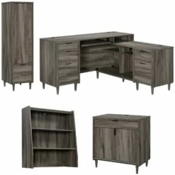Home Square 4-Piece Set With Desk Base Cabinet Hutch & Narrow Storage Cabinet