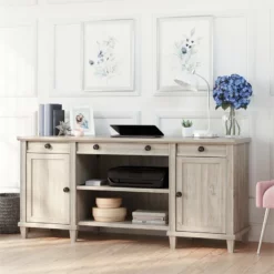 Home Square 2-Piece Set With Credenza Desk & Hutch In Chalked Oak -CYMAX Sales 2565692 18 L