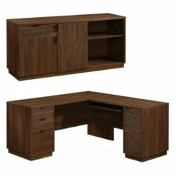 Home Square 2-Piece Set With L-Shaped Desk & Office Credenza In Spiced Mahogany