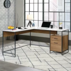 UrbanPro Mid-Century L-Shaped Computer Desk With 2 Drawers In White -CYMAX Sales 2576031 4 L