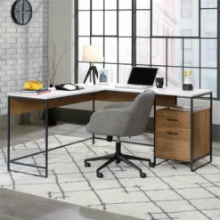 UrbanPro Mid-Century L-Shaped Computer Desk With 2 Drawers In White -CYMAX Sales 2576031 6 L