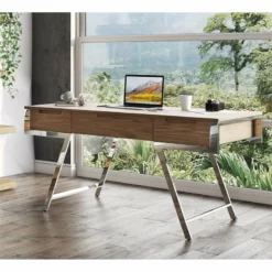 Modrest Dessart 3-Drawer Modern Veneer & Stainless Steel Desk In Walnut/Chrome -CYMAX Sales 2594667 4 L