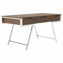 Modrest Dessart 3-Drawer Modern Veneer & Stainless Steel Desk In Walnut/Chrome