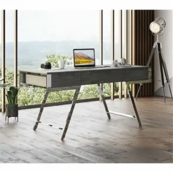 Modrest Dessart 3-Drawer Modern Veneer & Stainless Steel Desk In Elm Gray -CYMAX Sales 2594679 4 L
