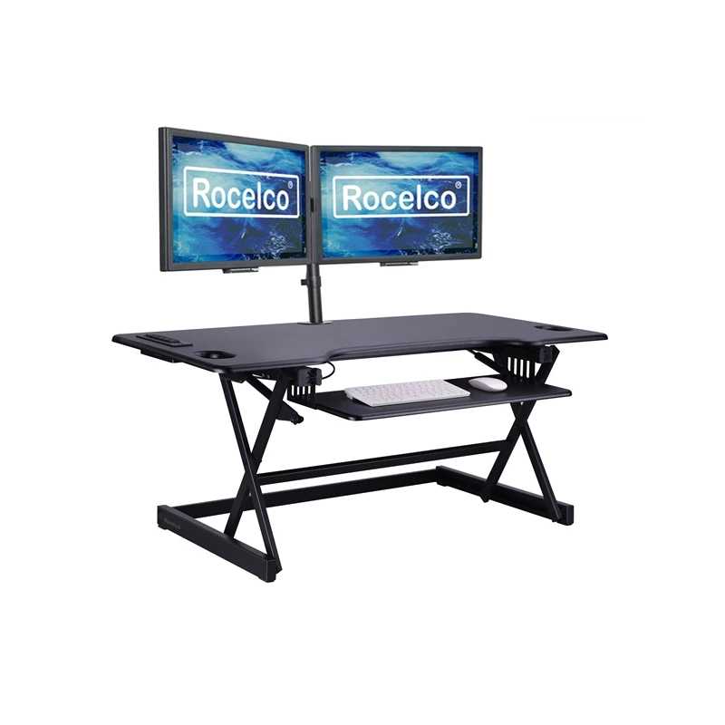 Rocelco 46in Adjustable Standing Desk Converter Double Monitor Arm BUNDLE Black 4 Rocelco 46in Adjustable Standing Desk Converter Double Monitor Arm BUNDLE Black - Image 2