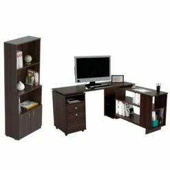 Home Square 2-Piece Set With Reversible Computer Desk And 3 Shelf Bookcase