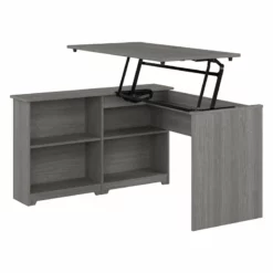 Cabot 52W Sit To Stand Corner Desk With Shelves In Modern Gray - Engineered Wood