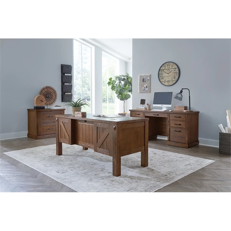 Rustic Half Pedestal Desk Wood Office Writing Table Fully Assembled Brown 4 Rustic Half Pedestal Desk Wood Office Writing Table Fully Assembled Brown - Image 2