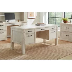 Rustic Half Pedestal Desk Wood Office Writing Table Fully Assembled White