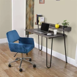 Pemberly Row Swivel Velvet Upholstered & Metal Task Chair In Dark Blue -CYMAX Sales 2646972 5 L