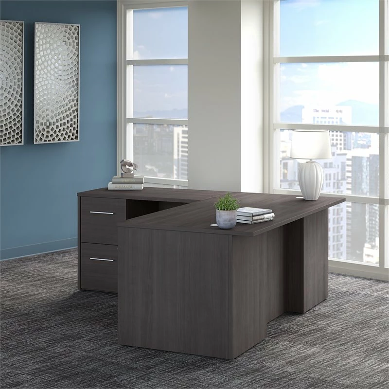 UrbanPro 72W L Shaped Desk With Drawers In Storm Gray - Engineered Wood 4 UrbanPro 72W L Shaped Desk With Drawers In Storm Gray - Engineered Wood - Image 2
