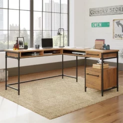 Sauder Iron City Engineered Wood L-Desk In Checked Oak Finish -CYMAX Sales 2669760 4 L