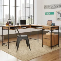 Sauder Iron City Engineered Wood L-Desk In Checked Oak Finish -CYMAX Sales 2669760 5 L