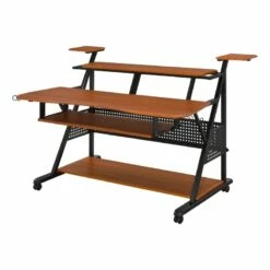 Gia 67 Inch Wood Music Desk Studio Station Keyboard Tray Shelves Walnut